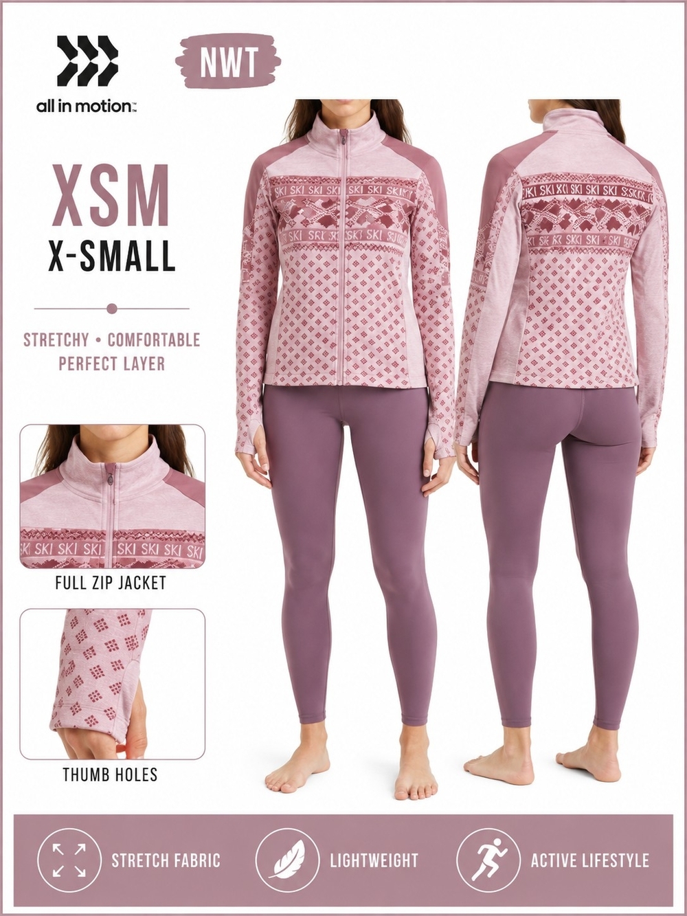 all in motion Women's Ski-Pattern Full-Zip Jacket in Dusty Rose and Mauve